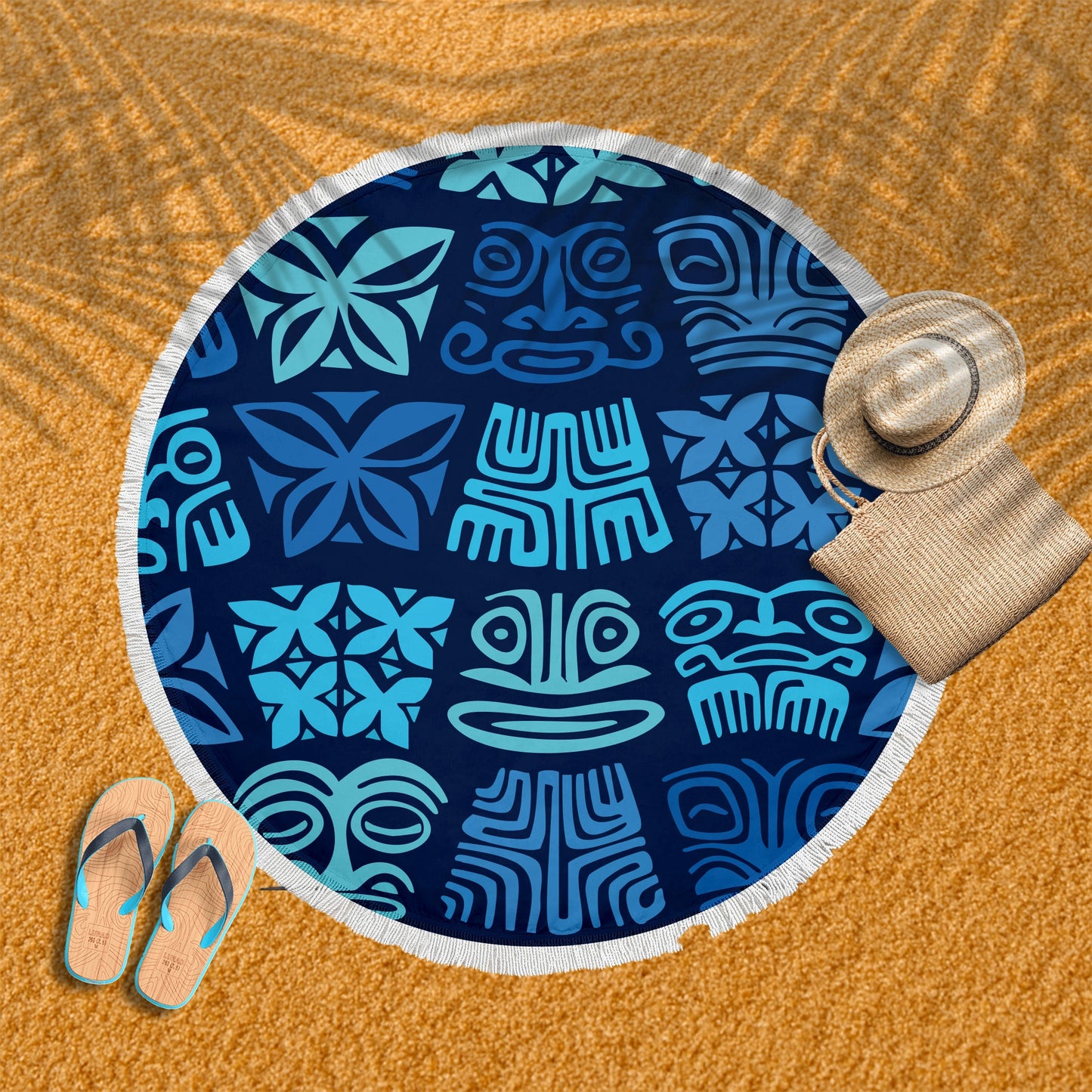 Blue Tribal Pattern Round Beach Blanket