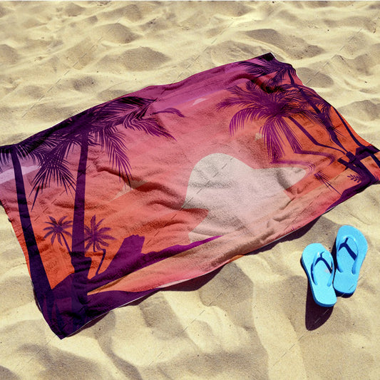 Purple Sunset Palms Beach Towels