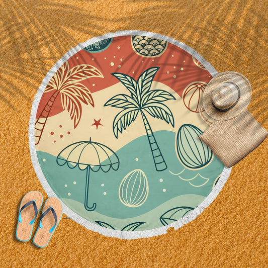 Retro Tropic Palms Round Beach Blanket