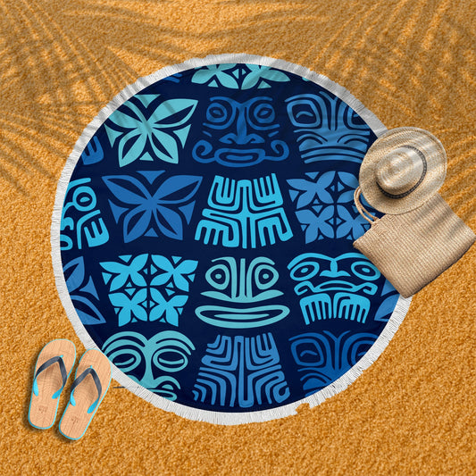Blue Tribal Pattern Round Beach Blanket